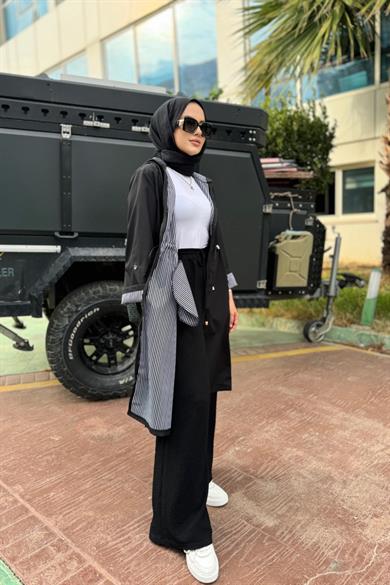 Çizgi Detay Trenç Siyah