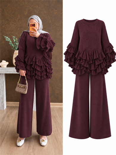 Fırfırlı Triko Takım Bordo
