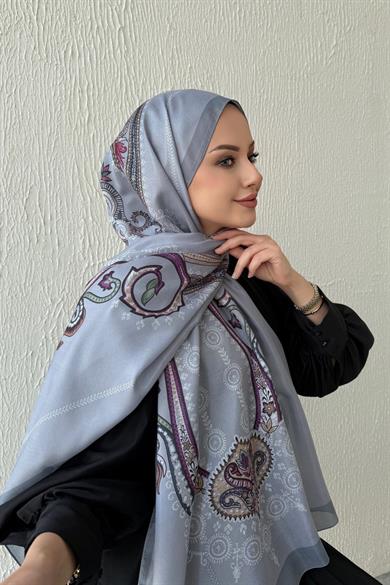 Gri Etro Etnik Vual İpek Şal