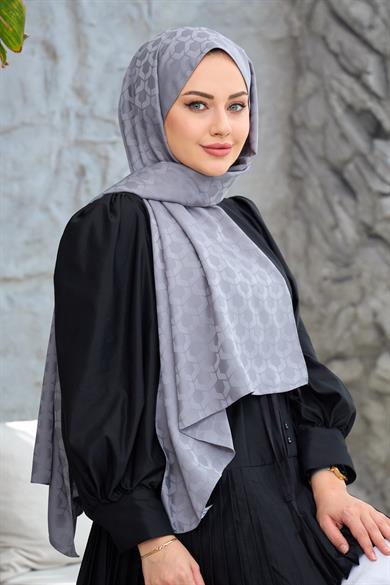 Gri Mozaik Desen İpeksi Jakar Şal