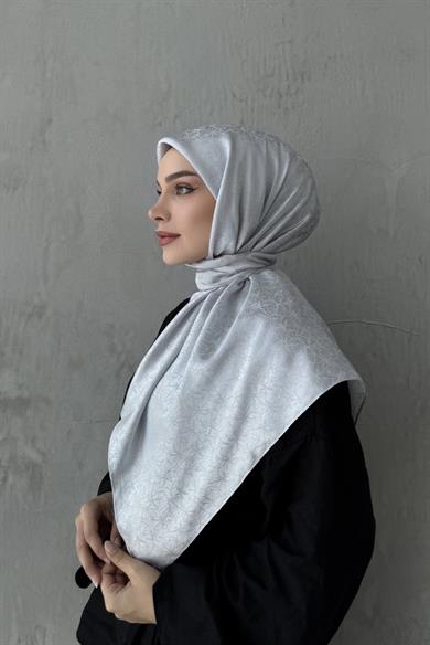 Gümüş Gri Çiçek Jakar Eşarp 