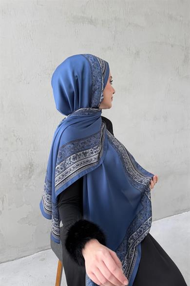 İndigo Bohem Kumlu İpek Şal