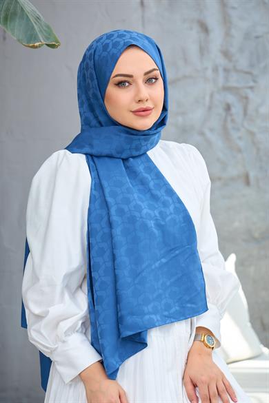 İndigo Mozaik Desen İpeksi Jakar Şal