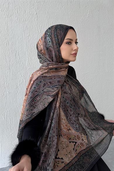 Kahve & Tarçın Şazeli Bohem Modal İpek Şal