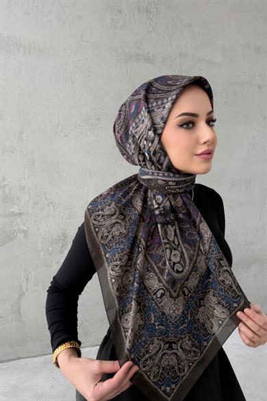 Kahve&Mor Lacivert Beliz Bohem Modal İpek Şaleşarp
