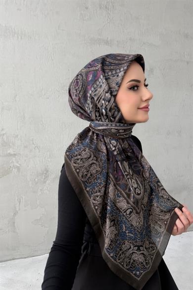 Kahve&Mor Lacivert Beliz Bohem Modal İpek Şaleşarp