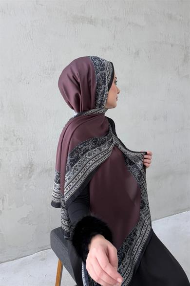 Kahverengi Bohem Kumlu İpek Şal