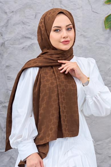 Kahverengi Mozaik Desen İpeksi Jakar Şal