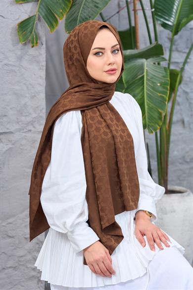 Kahverengi Mozaik Desen İpeksi Jakar Şal
