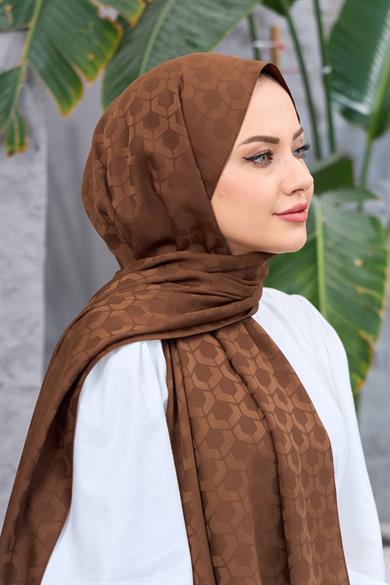 Kahverengi Mozaik Desen İpeksi Jakar Şal