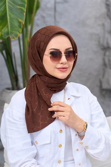 Kahverengi Taş Desen İpeksi Jakar Eşarp