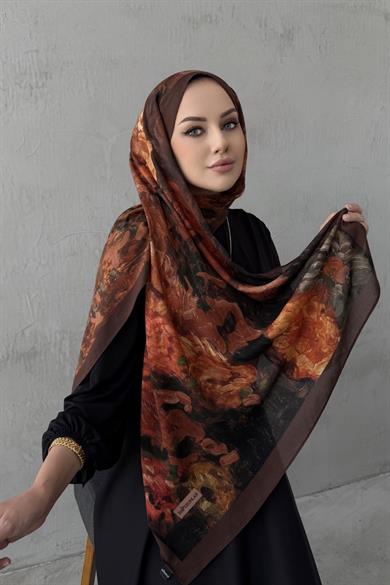 Kahverengi&Kiremit Tual Koza %100 Pamuk Şal