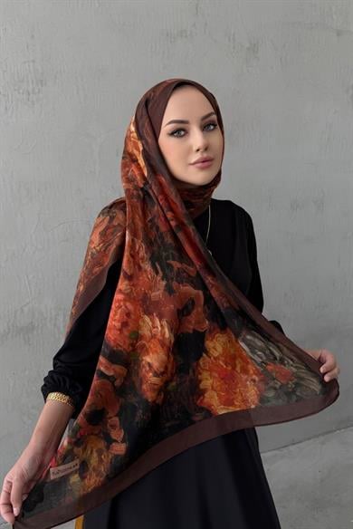 Kahverengi&Kiremit Tual Koza %100 Pamuk Şal