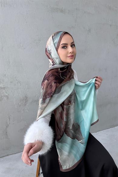 Brown&Aqua Green Sanded Silk Shawl