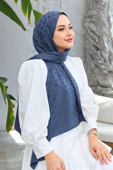 Kot Mavi Mozaik Desen İpeksi Jakar Şal