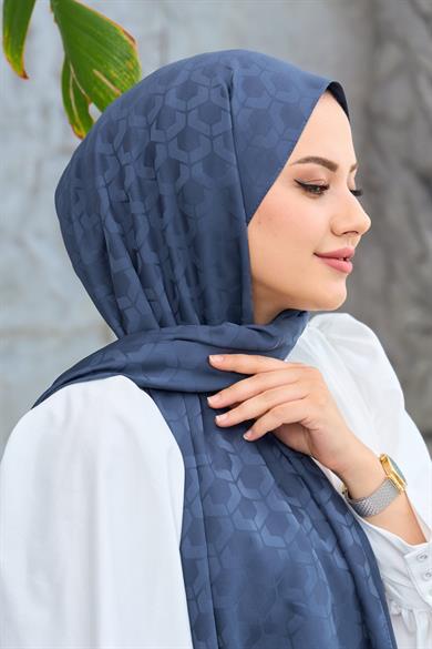 Kot Mavi Mozaik Desen İpeksi Jakar Şal