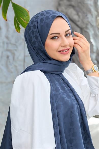 Kot Mavi Mozaik Desen İpeksi Jakar Şal