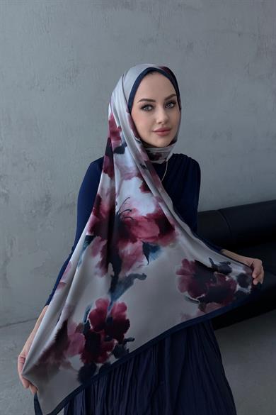 Lacivert Bordo Roesa Kumlu İpek Şal