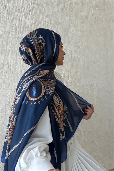 Lacivert Etro Etnik Vual İpek Şal