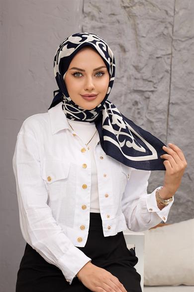 Lacivert Karma Desen Naturel Eşarp