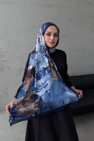 Lacivert Lara Kumlu İpek Şal 