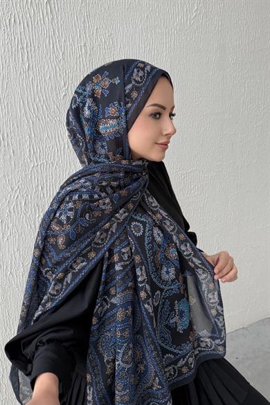 Lacivert Mihrimah Bohem Modal İpek Şal