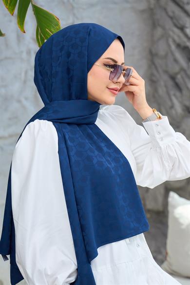 Lacivert Mozaik Desen İpeksi Jakar Şal