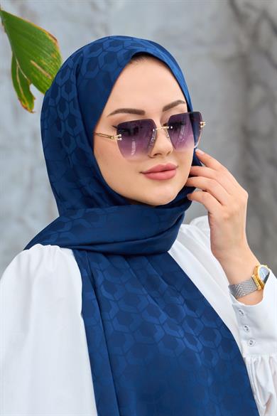 Lacivert Mozaik Desen İpeksi Jakar Şal