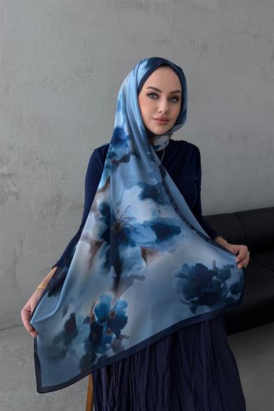 Lacivert Roesa Kumlu İpek Şal