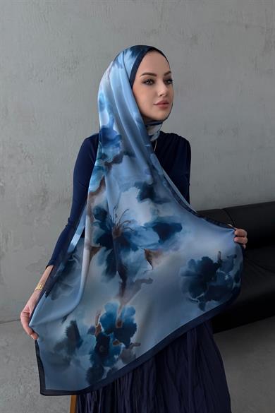 Lacivert Roesa Kumlu İpek Şal