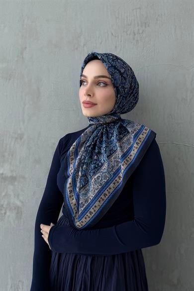 Lacivert&Bej Bohem Modal İpek Eşarp