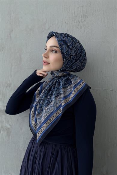 Lacivert&Bej Bohem Modal İpek Eşarp