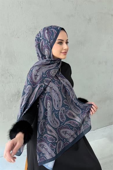 Lacivert&Pudra Elvan Modal İpek Şal