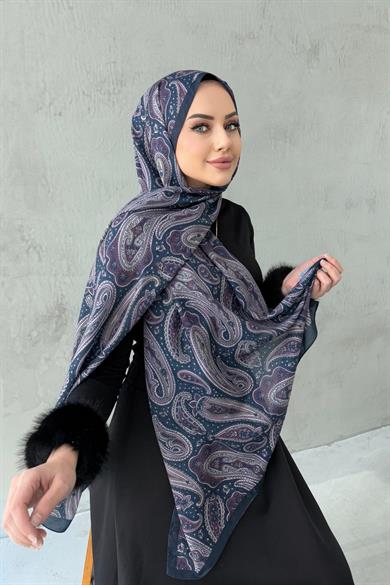 Lacivert&Pudra Elvan Modal İpek Şal