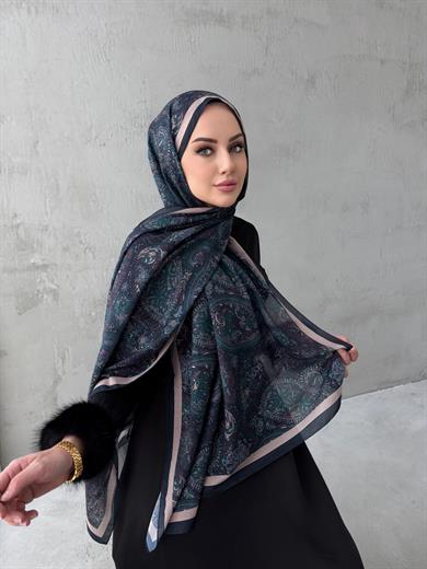 Lacivert&Yeşil Bukre Bohem Modal İpek Şal