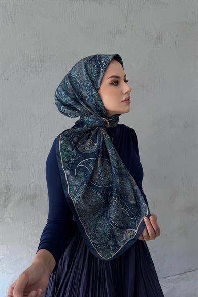 Lacivert&Yeşil Şehvar Bohem Modal İpek Şaleşarp