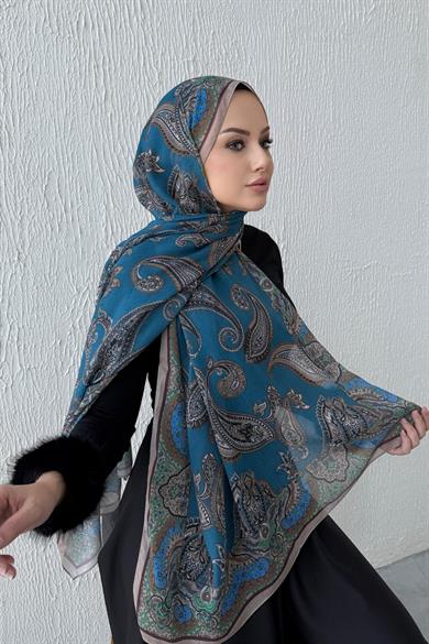 Mavi Şehrazat Bohem Modal İpek Şal
