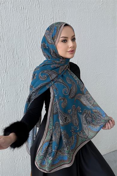 Mavi Şehrazat Bohem Modal İpek Şal