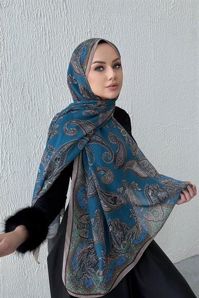 Mavi Şehrazat Bohem Modal İpek Şal