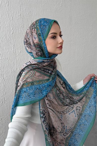 Mavi & Yeşil Şazeli Bohem Modal İpek Şal