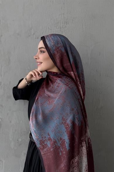Mavi&Bordo Piraye Bohem Kumlu İpek Şal
