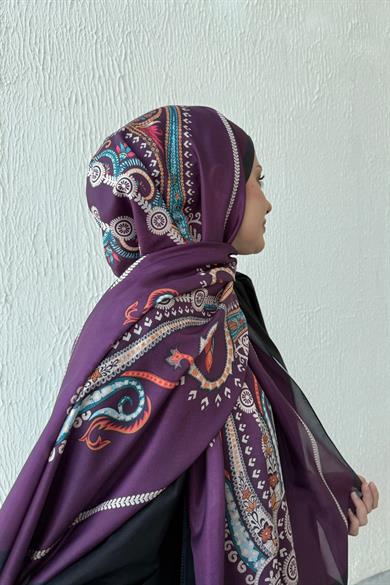 Mor Etro Etnik Vual İpek Şal