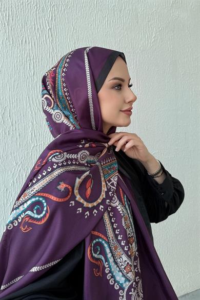 Mor Etro Etnik Vual İpek Şal