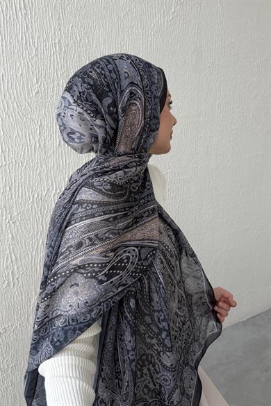 Siyah & Gri Şazeli Bohem Modal İpek Şal