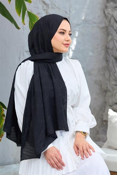 Siyah Kendinden Desenli Fresh Şal