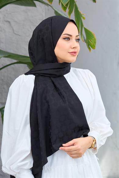 Siyah Mozaik Desen İpeksi Jakar Şal