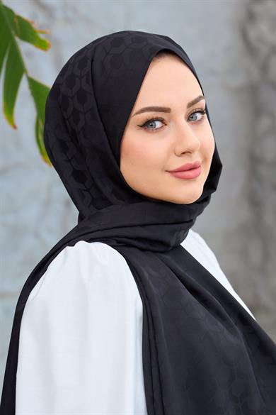 Siyah Mozaik Desen İpeksi Jakar Şal