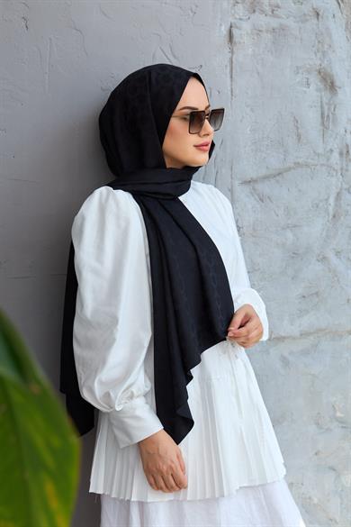 Siyah Mozaik Desen İpeksi Jakar Şal