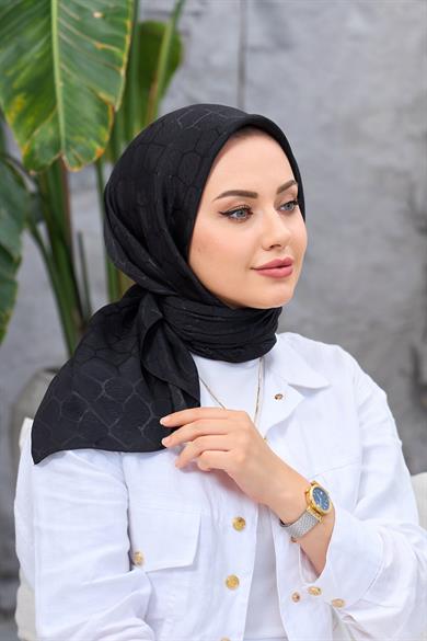 Siyah Taş Desen İpeksi Jakar Eşarp