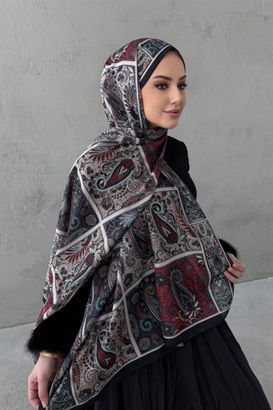 Siyah&Bordo Maveran Bohem Modal İpek Şal